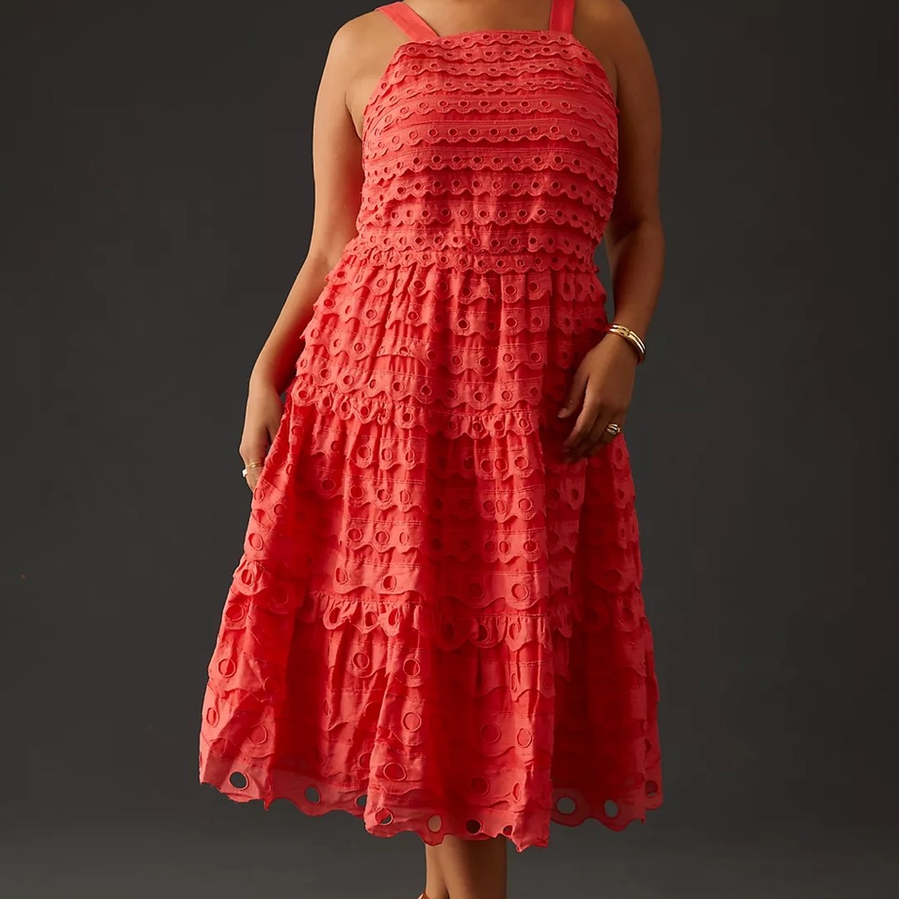 Maeve Eyelet Halter Midi Dress Elegant Red Sleeveless Dress